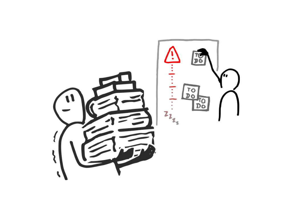 Simple black-and-white stickman holding an oversized pile of books that looks heavy and unsteady.